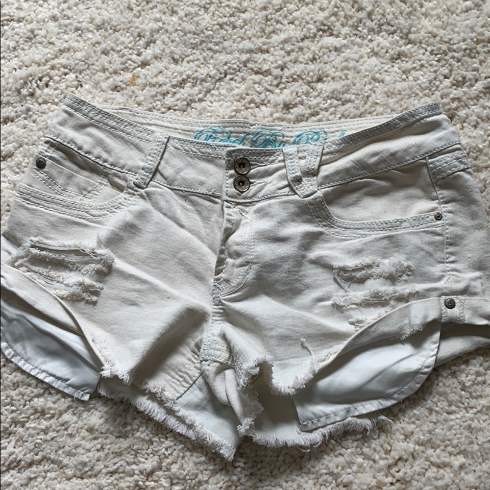 **2/$20** Distressed white jean shorts
